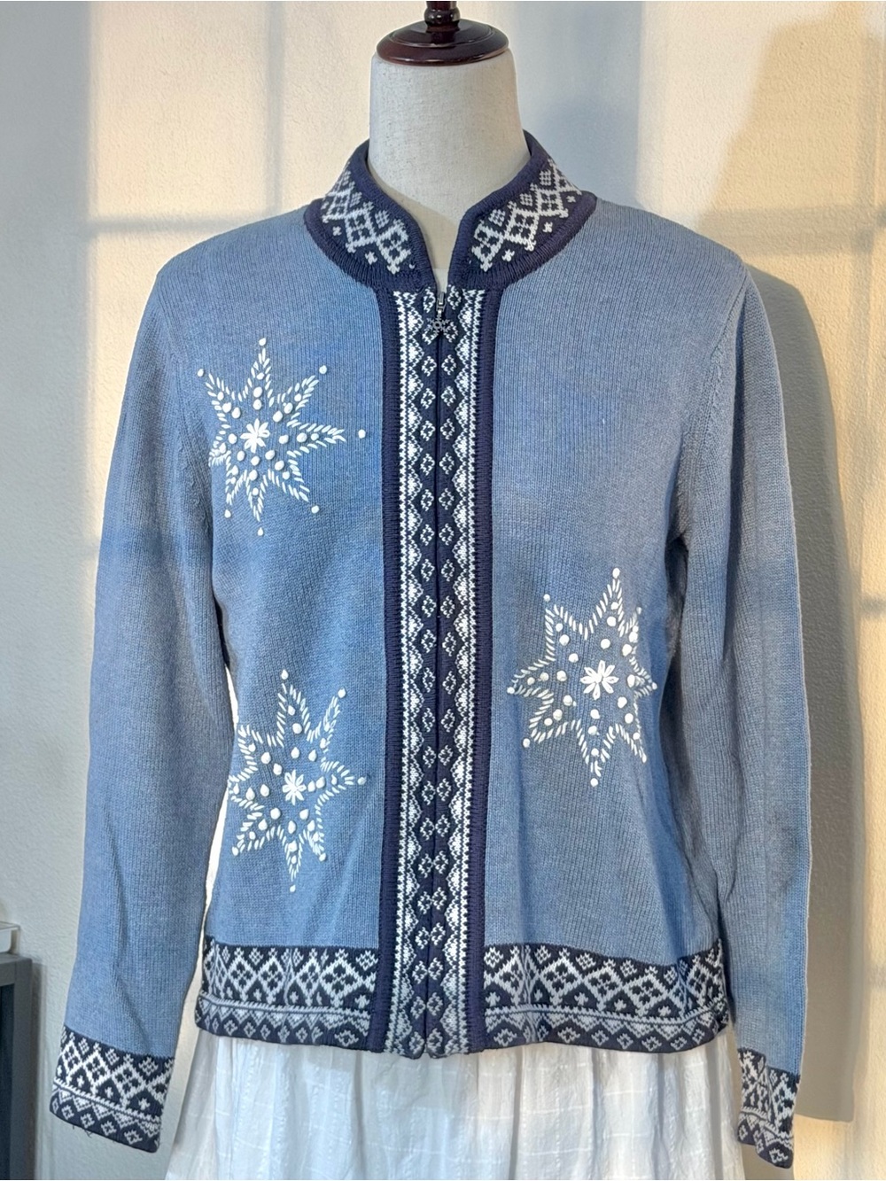 Blue Snowflake Zip-Front Women's Sweater